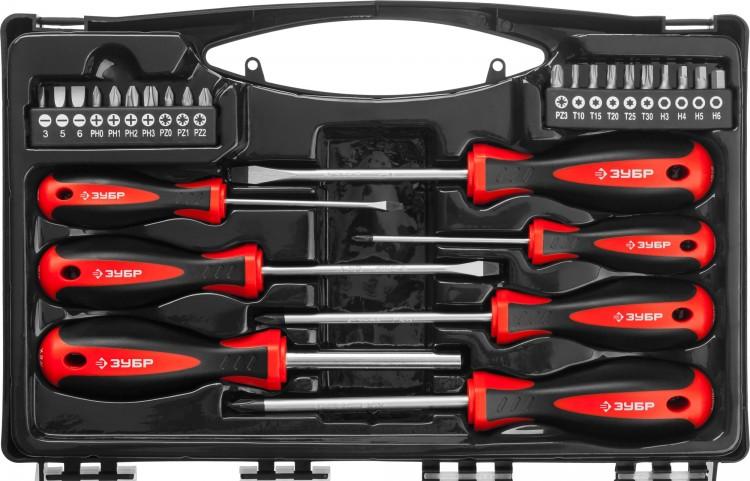 25027 — Набор универсал 27: отвертки с битами  зубр мастер 25027  CRV сталь  эргономичная двухкомп. рукоятка  магнитный наконечник  в кейсе  27 предметов ЗУБР