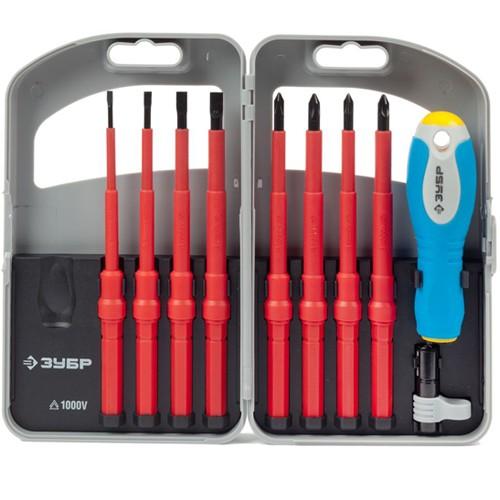 25264H10 — Набор зубр: отвертки диэлектр.  до 1000в  CRV  PH №1  2  PZ №1  2  SL 3 0  4 0  5 5  6 5мм  минифонар ЗУБР
