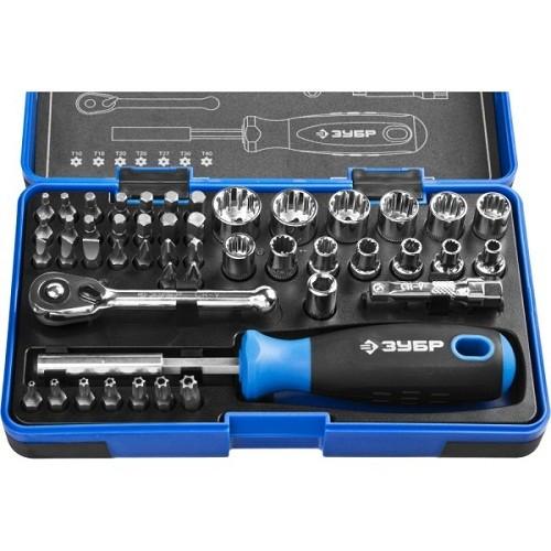 25283H47 — Набор зубр профи: отвертка с двухкомп рукояткой  насадки и мини трещетка  47 предм  пластиковый бокс ЗУБР