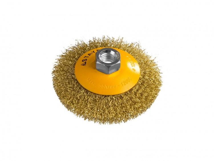 35133100 — STAYER щетка коническая для ушм, витая стальная латунированная проволока 0,3мм, 100м STAYER