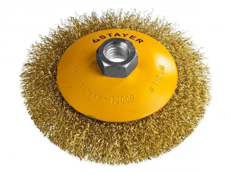 35133115 — STAYER PROFESSIONAL. щетка коническая для ушм  витая стальная латунированная проволока 0 3мм  115ммхм14 STAYER