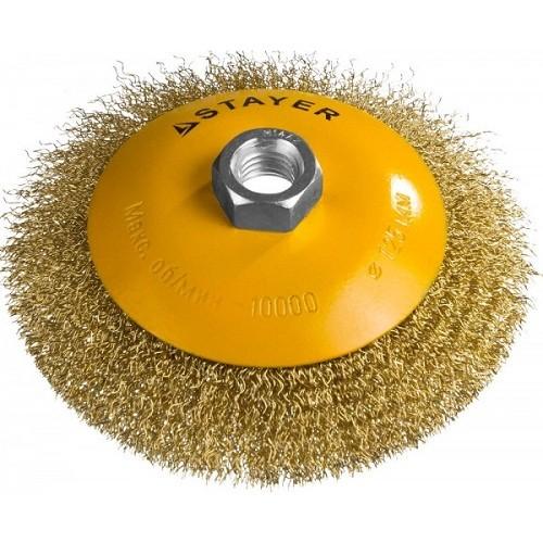 35133125 — STAYER PROFESSIONAL. щетка коническая для ушм  витая стальная латунированная проволока 0 3мм  125ммхм14 STAYER