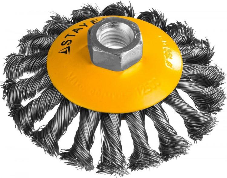 35135100 — STAYER PROFESSIONAL. щетка коническая для ушм  жгутированная стальная проволока 0 5мм  100ммхм14 STAYER