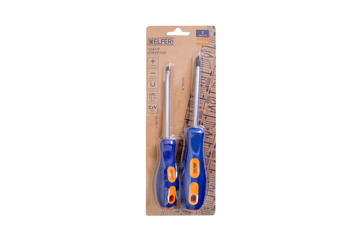 HF004000 — Набор отверток ( 2 предм.) (CRV, двухкомп. рукоят, намагн. након) HELFER HELFER