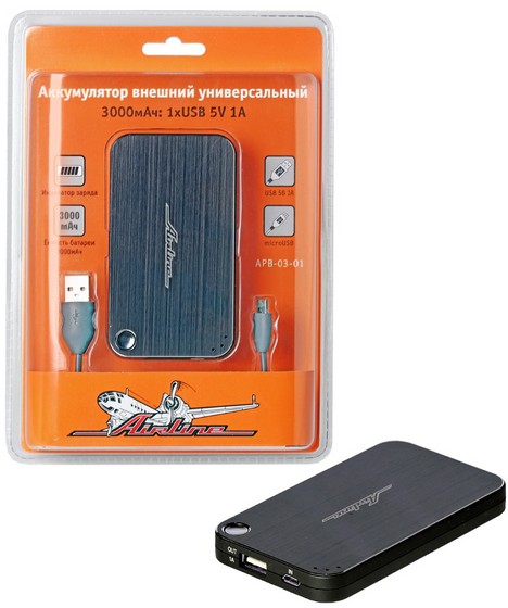 APB0301 — Аккумулятор внешний универсальный 3000мАч: 1хUSB 5V 1A (APB-03-01) AIRLINE