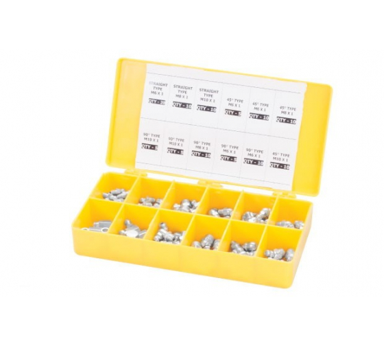 GR43991 — Масленка м6х1, м8х1, м10х1 (45,90град.) набор 110 предметов (пластиковый бокс) GROZ GROZ