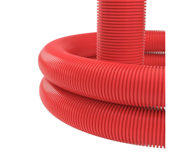 121963100 — Труба гофрированная двустенная 63 мм с протяжкой с муфтой красная  100м DKC