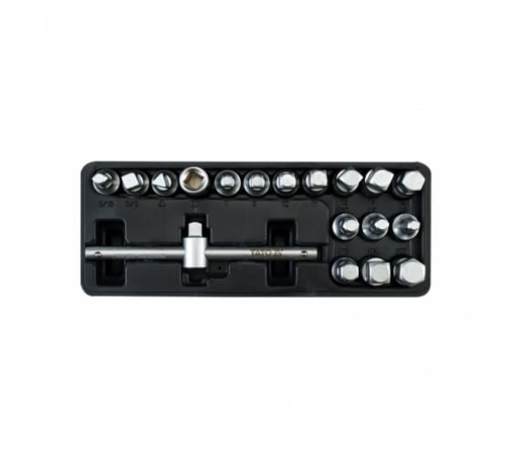 YT0599 — Набор ключей для сливной пробки 18пр 6гр.8, 9, 10, 12, 14, 17мм, 4гр.7, 8, 10, 11, 12, 13, 14мм, 3 гр.10мм, 4гр.5/16, 3/8, переходник, вороток, в пластм.боксе YATO