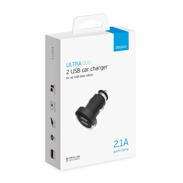 11204 — Автомобильное зарядное уство 2 USB компакт 2.1а, черный DEPPA 11204 DEPPA