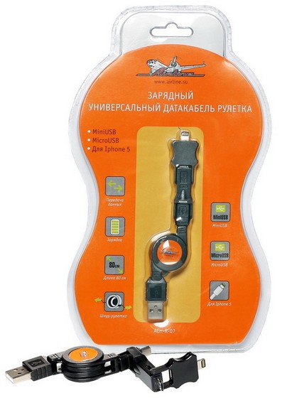 ACHR07 — Зарядный универсальный датакабель рулетка miniUSB/microUSB/для IPhone 5  (ACH-R-07) AIRLINE