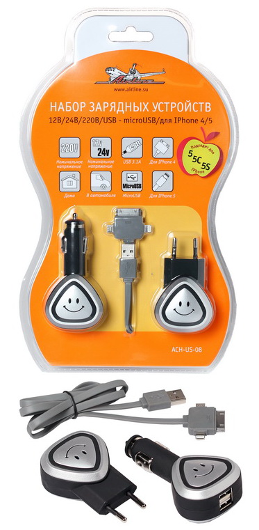 ACHUS08 — Снят с производства Зарядное устройство набор 12В/24В/220В/USB - microUSB/для Iphone 4/5 AIRLINE