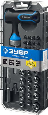 25351H38 — Набор зубр профессионал: отвертка реверсив с тобразной рукоят  насадки  CRMO  рукоят с отсеком для хранения бит  38 предмет ЗУБР