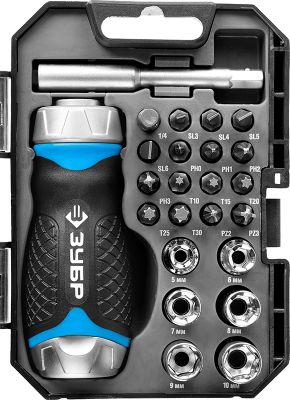 25353H24 — Набор зубр профессионал: отвертка реверсив с двухкомп рукоят  насадки  CRMO  рукоят с отсеком для хранения бит  24 предмета ЗУБР