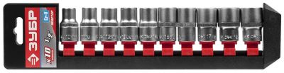 27652H10 — Набор зубр мастер: торцовые головки  1/2  на пластиковом рельсе  CRV  1019мм  10 предметов ЗУБР